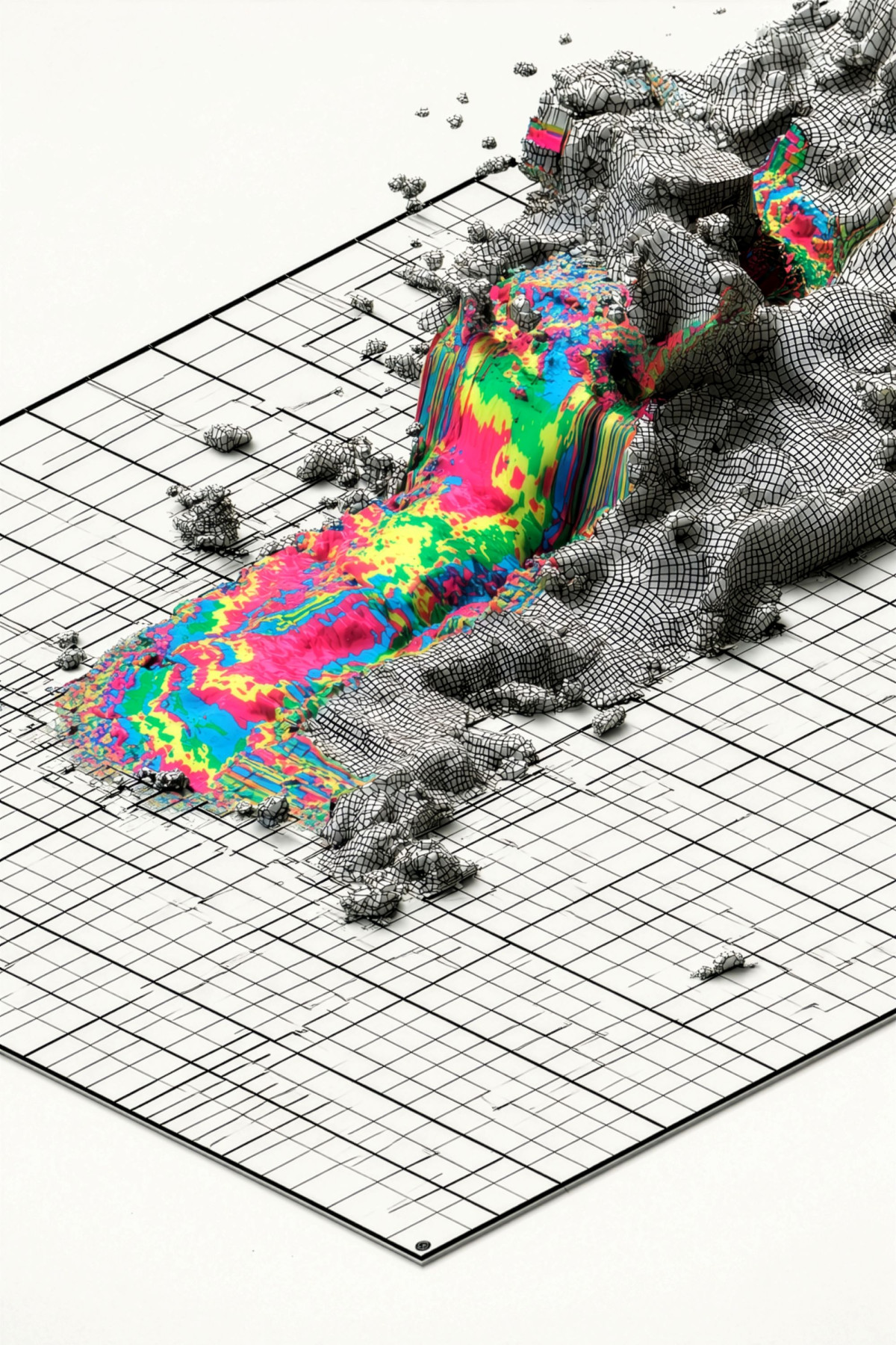 An abstract 3D representation of a landscape as a wireframe model, from which a brightly coloured, flowing ribbon emerges, resembling a stream or a data stream